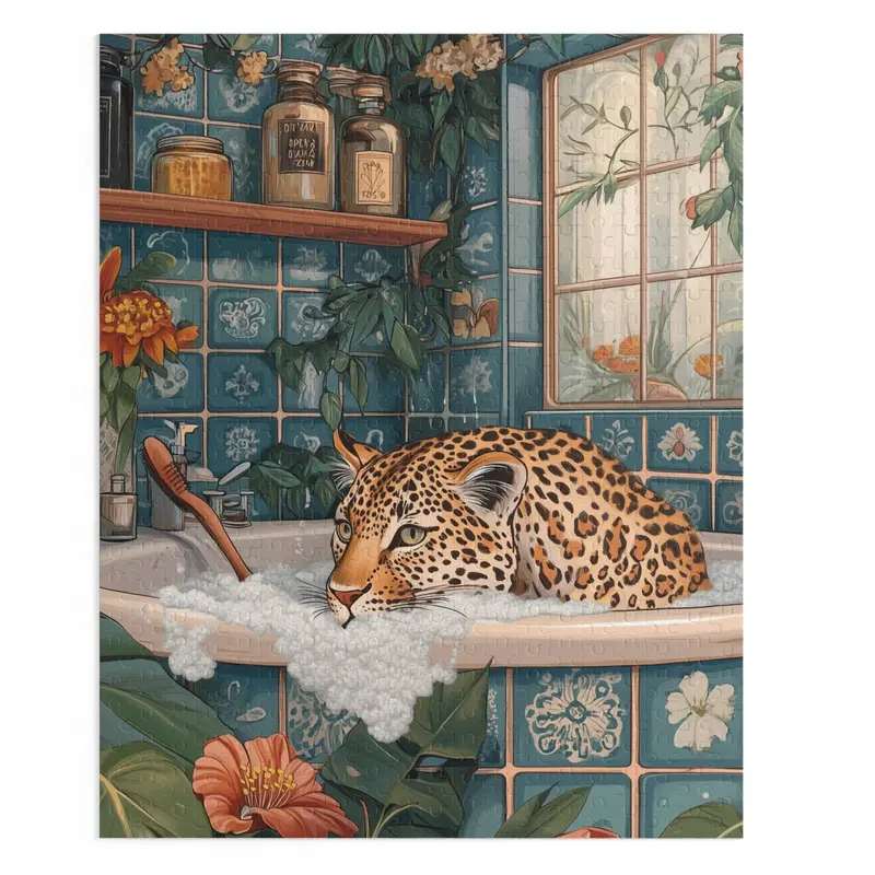 Playful Leopard Bathing Scene Jigsaw Puzzle – 500-Piece Art Print
