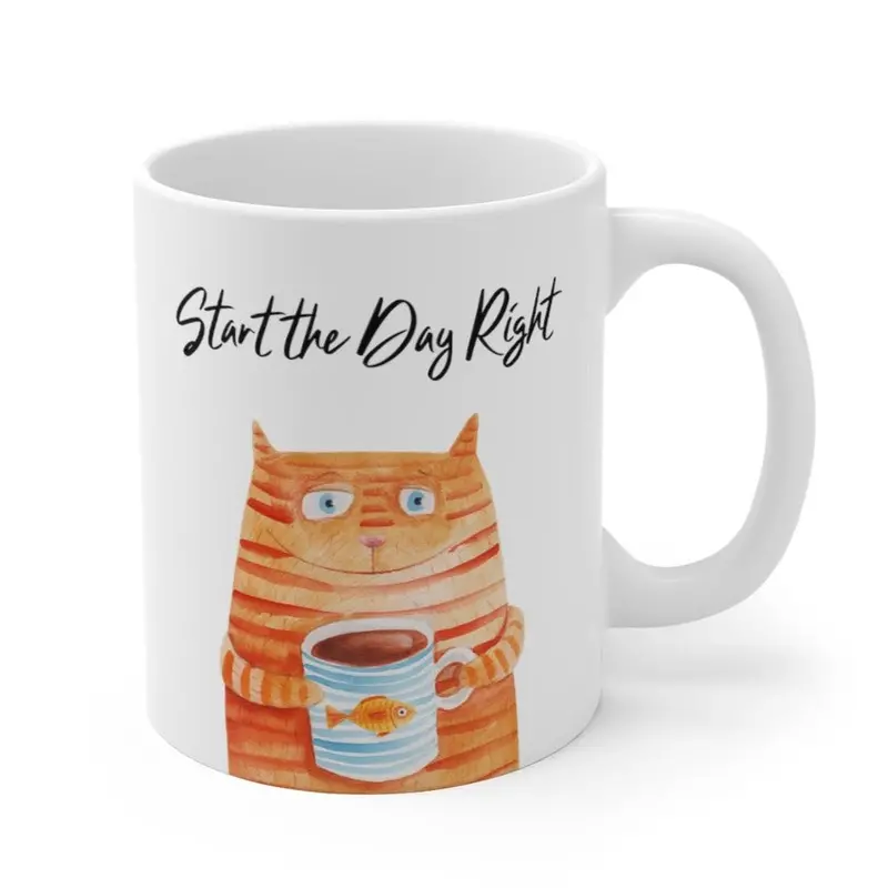 Playful ‘Start the Day Right’ Goldfish-Holding Cat Mug