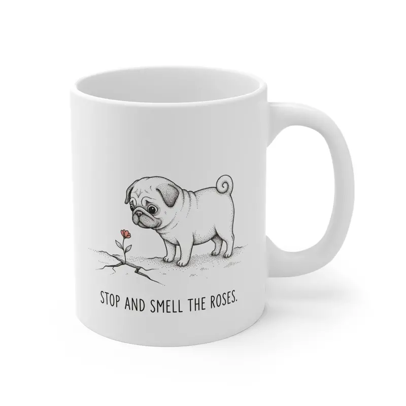 Pondering Pug & Tiny Flower Illustrated Mug