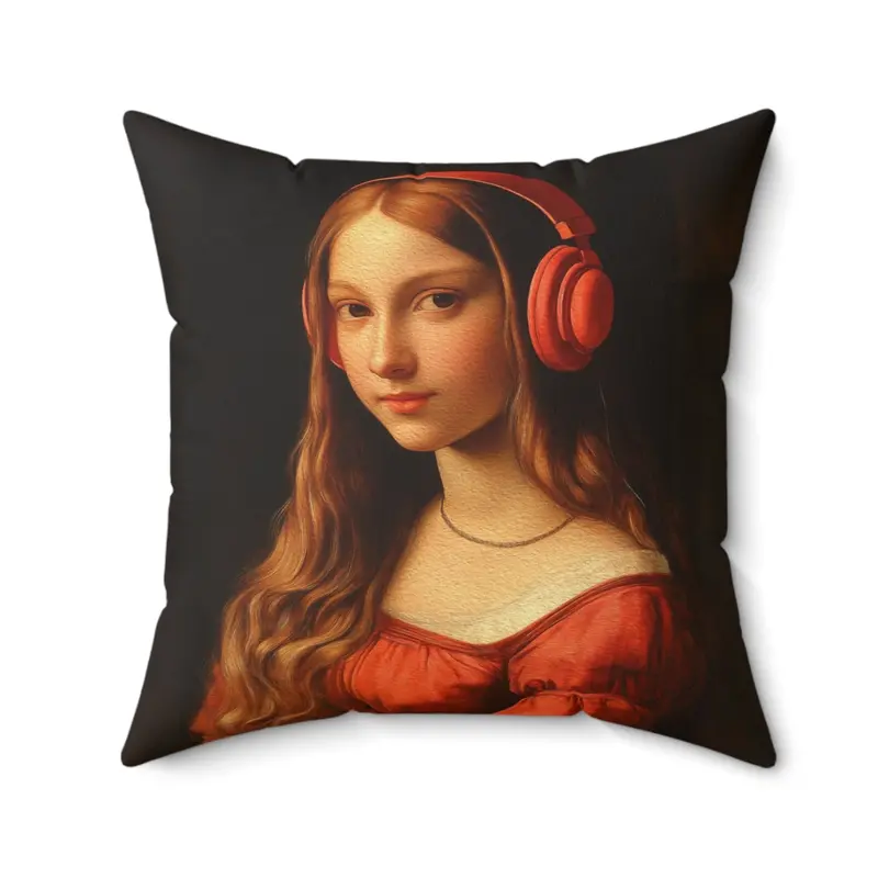 Renaissance Girl with Headphones Faux Suede Cushion