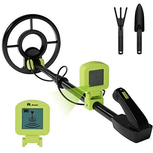 RICOMAX Kids Metal Detector – Lightweight 2-Lb LCD Model with Audio Buzzer, IP68 Waterproof, Adjustable Height (24″–35″), Foldable Green Design