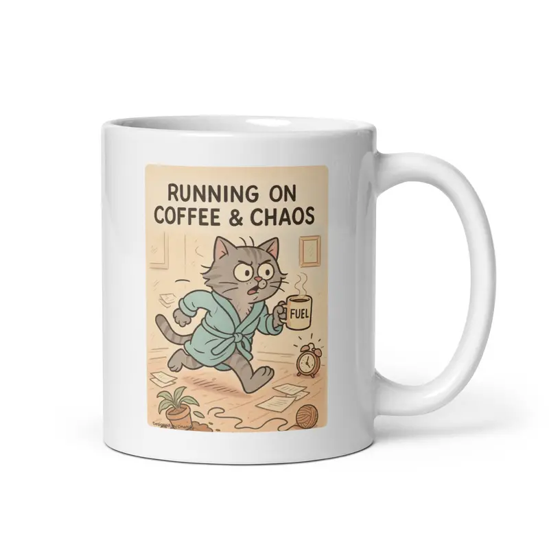 Running on Coffee & Chaos Mug – Lighthearted Daily Ritual Design