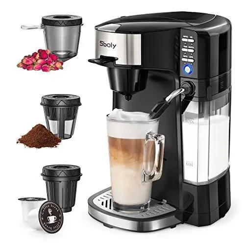 Sboly 6-in-1 All-in-One Coffee System – K-Cup & Ground Compatible Brewer with Integrated Milk Frother for Lattes, Tea, and More