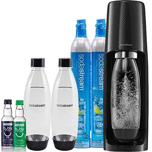 SodaStream Fizzi Sparkling Water Maker Bundle – Black Unit, CO2 Cylinder, BPA-Free Bottles & Bubly Drops Flavors