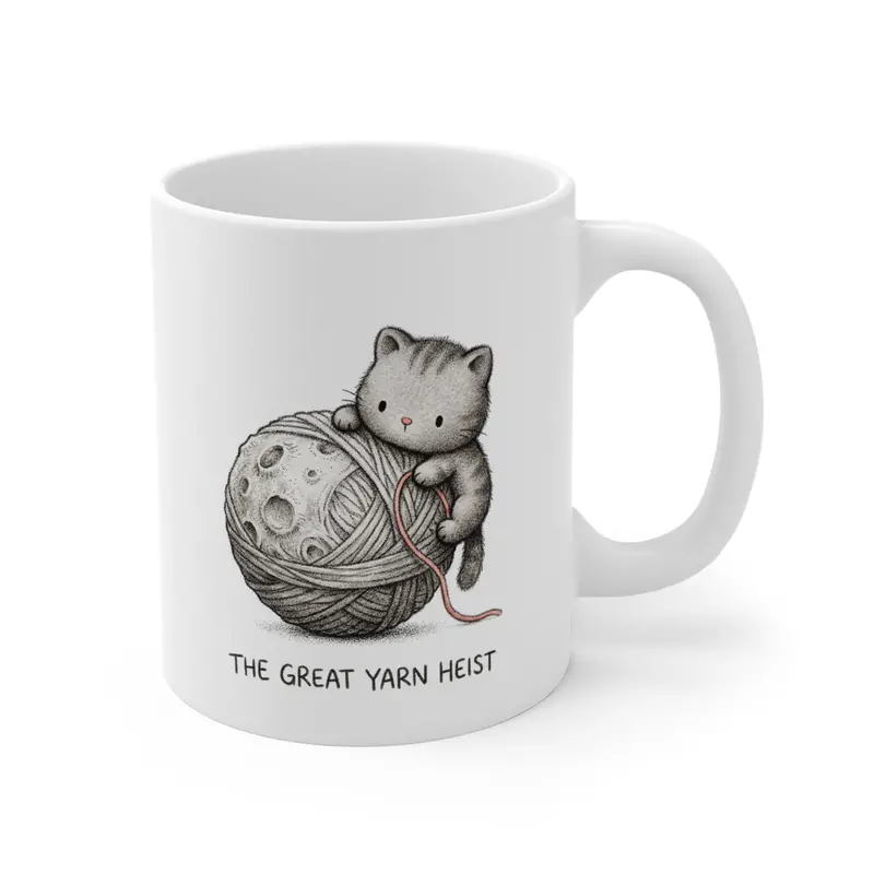 Stippled Kitten & Yarn Moon Art Mug