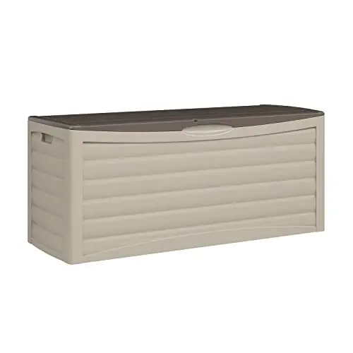 Suncast 103-Gallon Wheeled Outdoor Storage Box – Taupe Resin Deck Bin for Tools, Cushions & Patio Gear