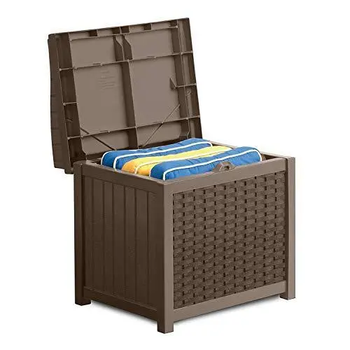 Suncast 22-Gallon Resin Deck Box – Lightweight Outdoor Storage & Patio Seat in Mocha Wicker