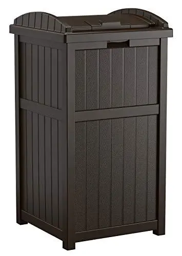 Suncast 33-Gallon Resin Outdoor Trash Hideaway – Weather-Resistant Can Enclosure with Lid for Patio, Deck, or Backyard (Brown)