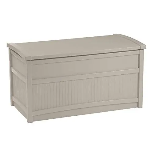 Suncast 50-Gallon Resin Deck Box – Lightweight Outdoor Storage & Patio Seat in Gray