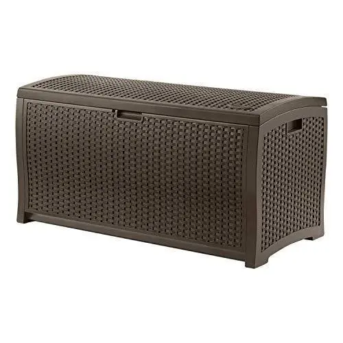 Suncast 99-Gallon Resin Wicker Patio Storage Box – Mocha-Colored Outdoor Deck Container for Toys & Gear