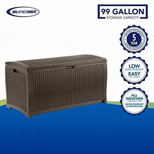 Suncast 99-Gallon Resin Wicker Patio Storage Box – Mocha-Colored Outdoor Deck Container for Toys & Gear