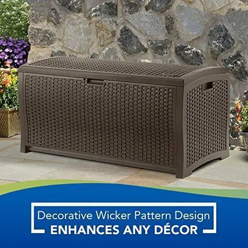 Suncast 99-Gallon Resin Wicker Patio Storage Box – Mocha-Colored Outdoor Deck Container for Toys & Gear