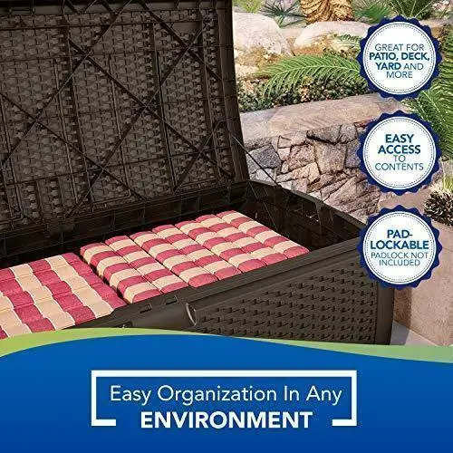Suncast 99-Gallon Resin Wicker Patio Storage Box – Mocha-Colored Outdoor Deck Container for Toys & Gear