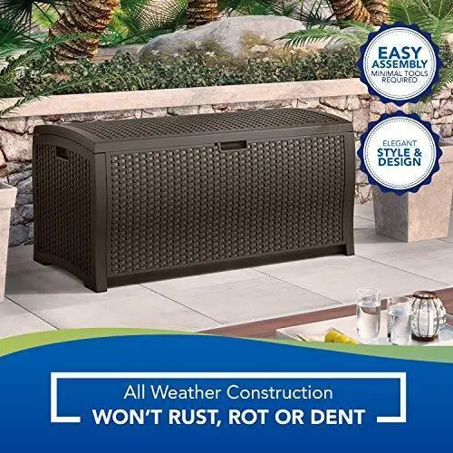 Suncast 99-Gallon Resin Wicker Patio Storage Box – Mocha-Colored Outdoor Deck Container for Toys & Gear
