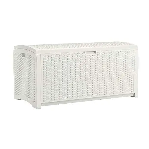 Suncast 99-Gallon Weather-Resistant Patio Storage Box – Wicker-Style Resin Design for Outdoor Toys, Furniture & Tools (White)