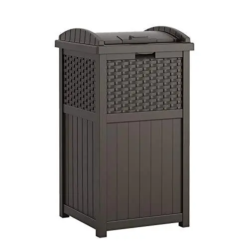 Suncast Hideaway 33-Gallon Resin Outdoor Trash Can – Slim, Lid-Covered Bin for Patio, Deck, or Backyard in Earthy Brown