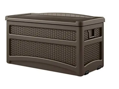 Suncast Mocha Resin Wicker Patio Storage Box – 73 Gal, Wheeled & Seating-Ready