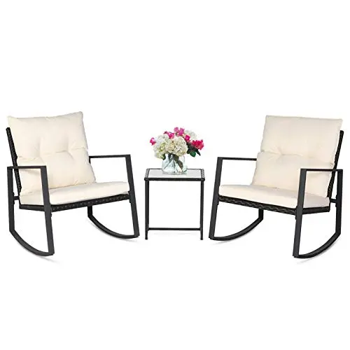 SUNCROWN Outdoor Rocking Bistro Set – 3-Piece Beige Wicker Conversation Set with Tempered Glass Coffee Table and Black Frames