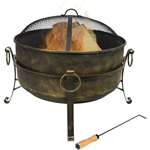 Sunnydaze 24″ Deep Cauldron Fire Pit – Wood-Burning Outdoor Bonfire Unit with Spark Screen, Poker Tool & Adjustable Grate