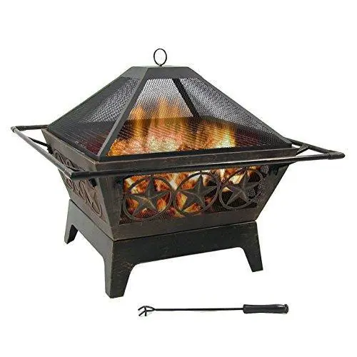 Sunnydaze 32-Inch Square Wood-Burning Fire Pit – Outdoor Patio Firepit with Grill Grate, Spark Screen & Fireplace Poker