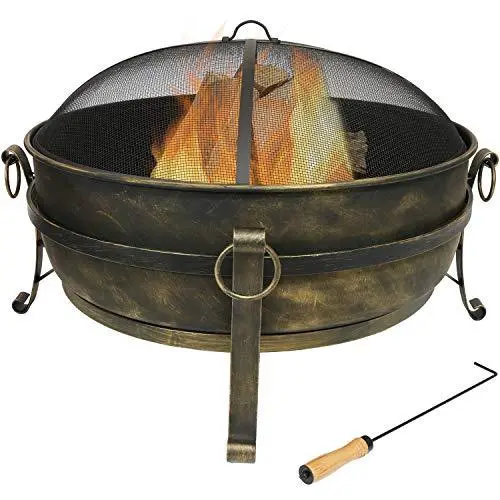 Sunnydaze 34″ Outdoor Wood-Burning Fire Pit – Heavy-Duty Bonfire Cauldron with Spark Screen, Poker & Grate