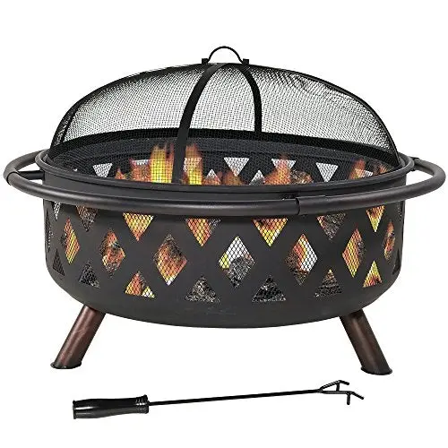 Sunnydaze Black Crossweave 36-Inch Heavy-Duty Fire Pit – Outdoor Wood-Burning Pit with Spark Screen, Poker & Cover