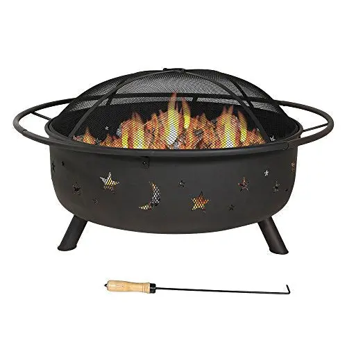 Sunnydaze Cosmic 42-Inch Celestial Fire Pit – Large Wood-Burning Outdoor Pit with Moon & Stars Design, Spark Screen & Poker
