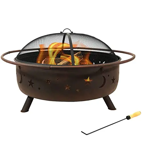Sunnydaze Cosmic 42-Inch Wood-Burning Fire Pit – Outdoor Patio Fire Bowl with Star & Moon Design, Includes Spark Screen, Poker & Grate