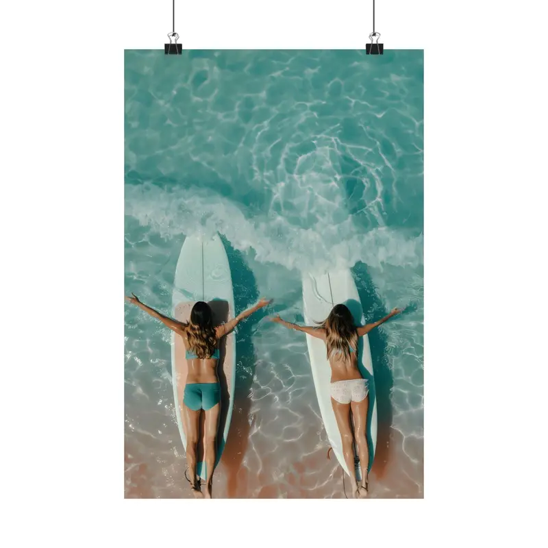 Surfing Girls on the Beach Poster – Retro Summer Coastal Wall Art