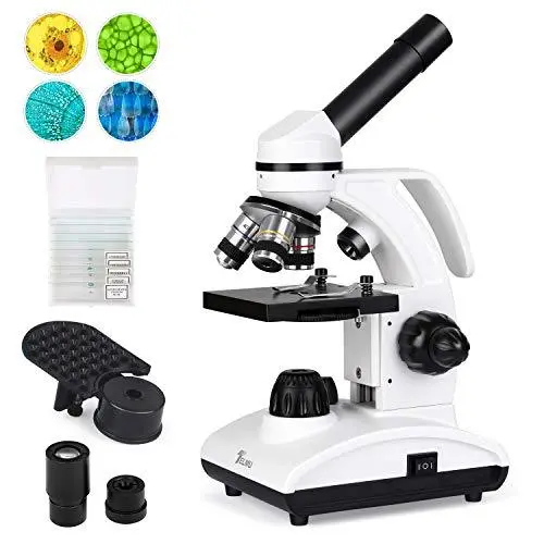 TELMU 40X–1000X Cordless LED Compound Microscope – Monocular Lab Scope with Optical Glass Lenses & 10 Prepared Slides