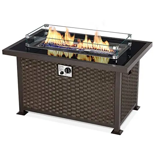 U-MAX 44-Inch Propane Fire Pit Table – 50,000 BTU, Auto-Ignition, Tempered Glass Top & Blue Glass Rocks