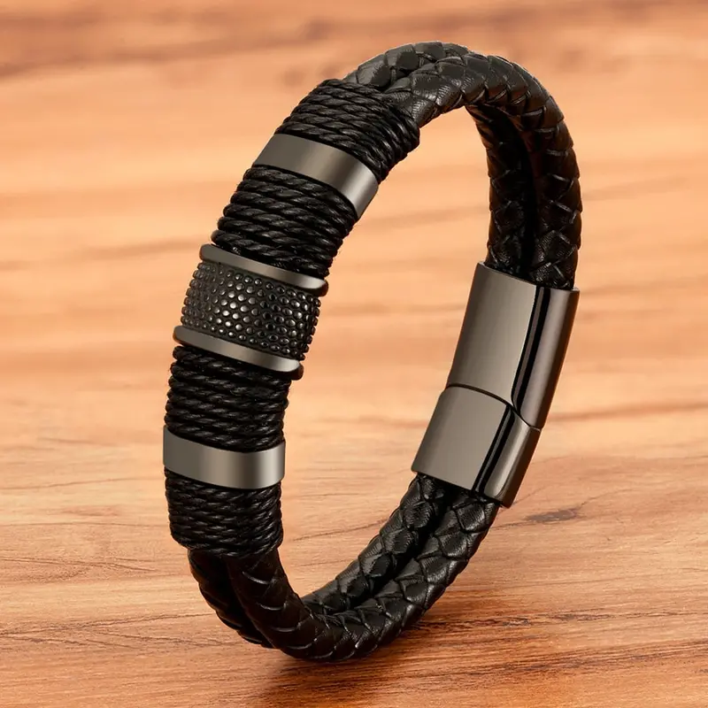 Vegan Leather Bracelet with Polished Stainless Steel Accents