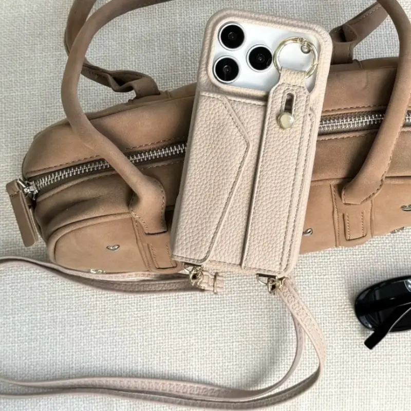 Vegan Leather Crossbody iPhone Case with Card Slot and Adjustable Wrist Strap