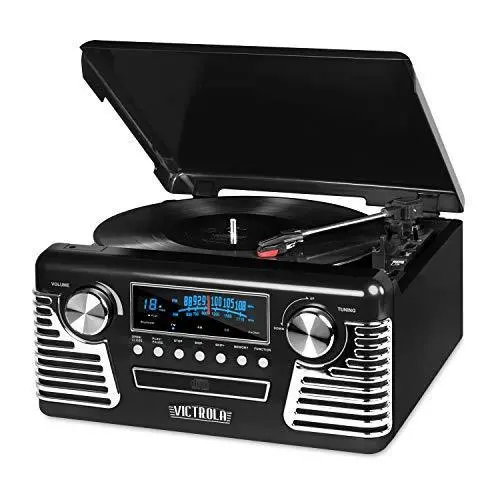 Victrola Retro Bluetooth Record Player – 3-Speed Turntable, CD & AM/FM Radio, Vinyl-to-MP3 Recording, Built-in Speakers (Black 50s Style)