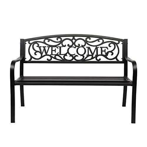 VINGLI 50″ Powder-Coated Cast Iron Outdoor Welcome Bench – Black, Garden or Entryway Use