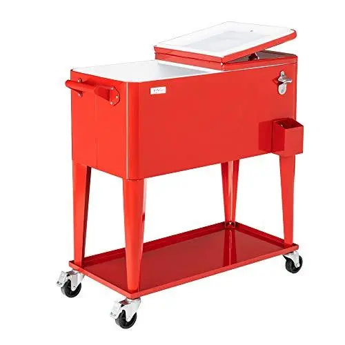 VINGLI 80-Quart Rolling Ice Chest on Wheels – Red Portable Party Cooler Cart with Shelf, Beverage Pool, Bottle Opener, Water Pipe, and Cover