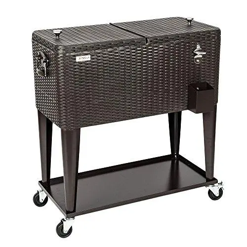 VINGLI 80-Quart Rolling Ice Chest – Wicker-Finish Drink Cooler Cart with Shelf & Bottle Opener