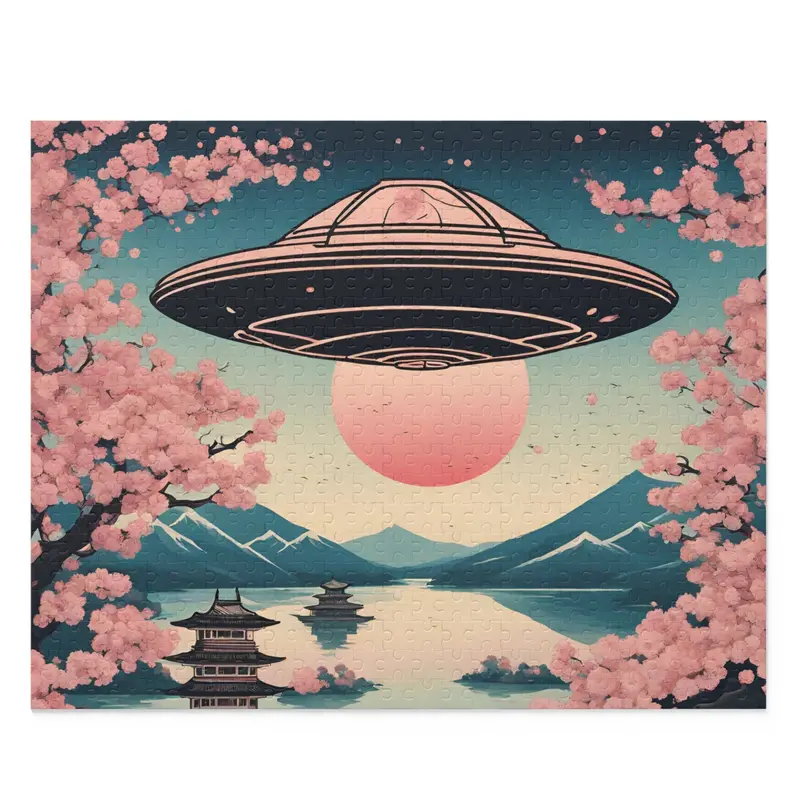 Vintage Cherry Blossom & UFO Themed 500-Piece Jigsaw Puzzle