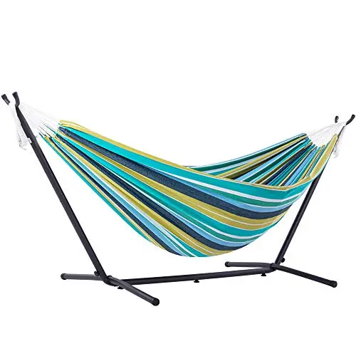 Vivere Double Cotton Hammock with Space-Saving Steel Stand – Cayo Reef Design