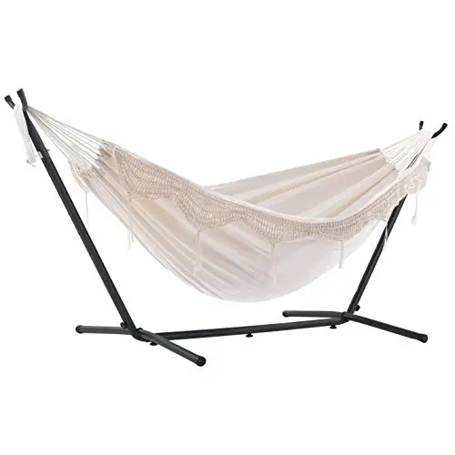 Vivere Double Hammock with Compact Steel Stand – Natural Fiber, 450 lb Capacity + Premium Carry Bag