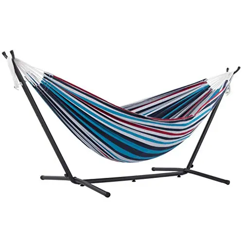Vivere Premium Double Cotton Hammock with Space-Saving Steel Frame – Denim Fabric, 450 lb Capacity, Includes Carry Bag