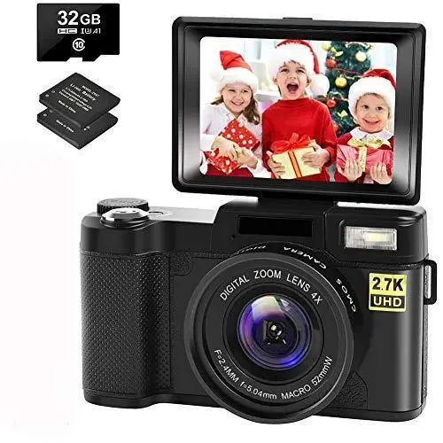 Vlogging Camera for YouTube – 30MP Full HD with 2.7K Video, 180° Flip Screen, 32GB Card & Dual Batteries