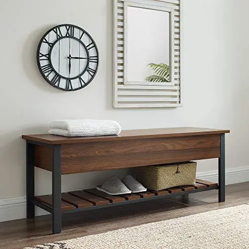 Walker Edison Julian Farmhouse-Style Lift-Top Entry Bench with Open Shelving – 48″ Walnut Brown Wooden Bench