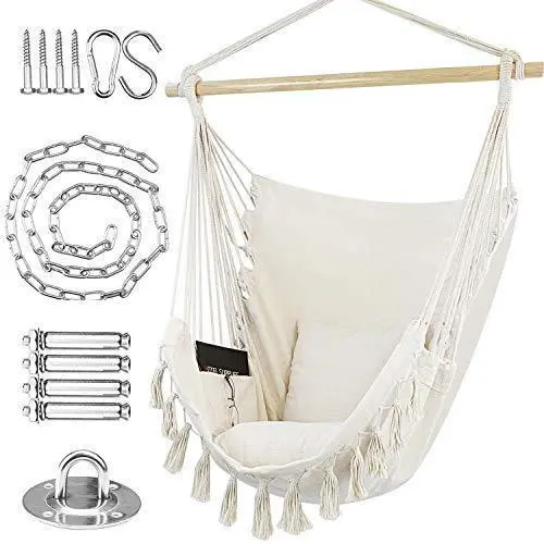 WBHome Indoor/Outdoor Hammock Chair – Beige Cotton Canvas Swing with Hardware Kit, Carry Bag & Dual Cushions (330 lb Capacity)
