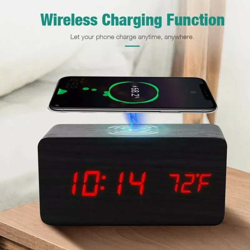 Wooden Digital Alarm Clock with Built-in Wireless Phone Charging Pad