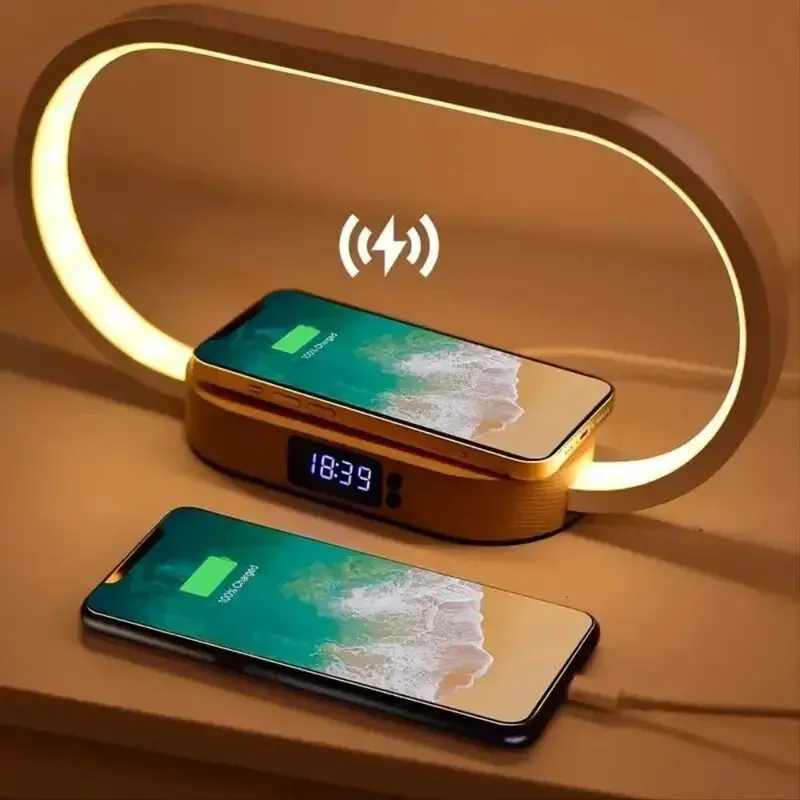 Wooden Wireless Charging Station with Integrated LED Desk Lamp