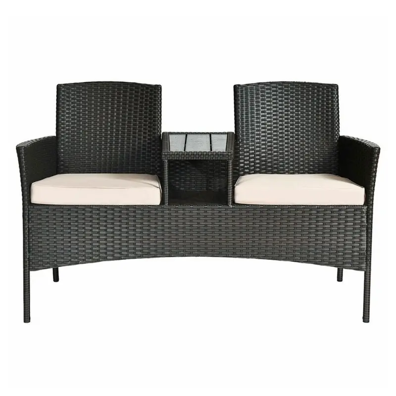 Woven Wicker Outdoor Loveseat with Integrated Center Table