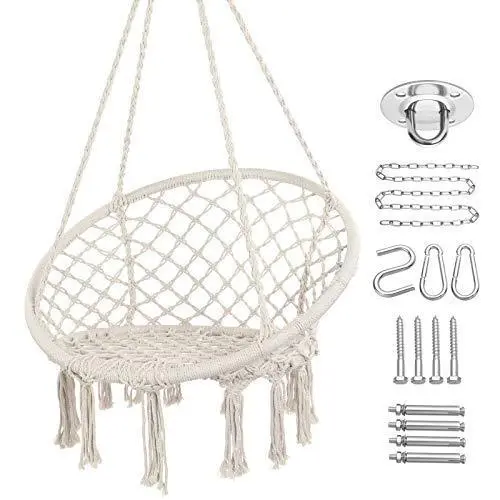 Y-STOP Macrame Hammock Chair – Beige Cotton Rope Swing with 330 lb Weight Limit, Indoor & Outdoor Use