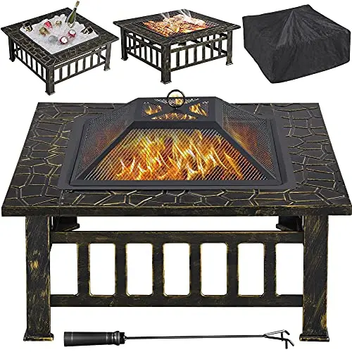 Yaheetech 32″ Bronze Steel Outdoor Fire Pit – Bonfire-Ready with Spark Screen, Mesh Cover & Poker