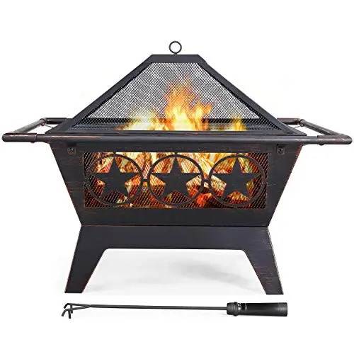 Yaheetech 32-Inch Square Iron Fire Pit – Outdoor Bonfire Bowl with Spark Screen, Poker & Grill